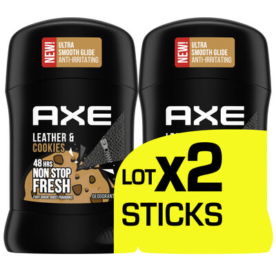 AXE Déodorant Homme Stick Collision Cuir & Cookies 48 h Non-Stop Frais Lot 2x50ml