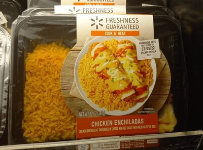 CHICKEN ENCHILADAS SMOTHERED IN CHEESE AND RED SAUCE WITH MEXICAN STYLE RICE, CHICKEN ENCHILADAS