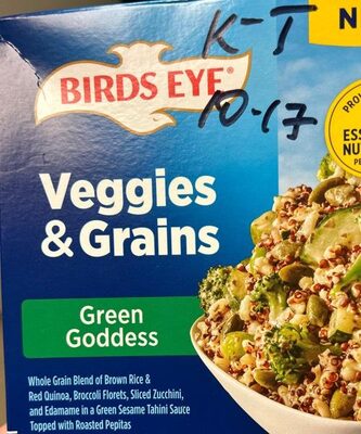 GREEN GODDESS WHOLE GRAIN BLEND OF BROWN RICE & RED QUINOA, BROCCOLI FLORETS, SLICED ZUCCHINI, AND EDAMAME IN A GREEN SESAME TAHINI SAUCE TOPPED WITH ROASTED PEPITAS VEGGIES & GRAINS, GREEN GODDESS