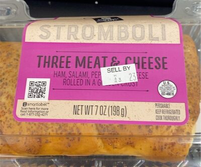 THREE MEAT & CHEESE HAM, SALAMI, PEPPERONI & CHEESE ROLLED IN A GOLDEN CRUST STROMBOLI, THREE MEAT & CHEESE