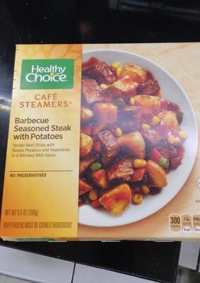 BARBECUE SEASONED STEAK WITH POTATOES TENDER BEEF STRIPS WITH RUSSET POTATOES AND VEGETABLES IN A WHISKEY BBQ SAUCE CAFE STEAMERS, BARBECUE SEASONED STEAK WITH POTATOES