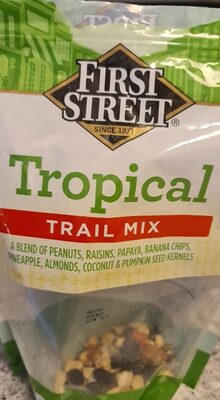 A BLEND OF PEANUTS, RAISINS, PAPAYA, BANANA CHIPS, PINEAPPLE, ALMONDS, COCONUT & PUMPKIN SEED KERNELS TROPICAL TRAIL MIX, TROPICAL