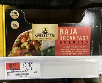BAJA BREAKFAST A NOURISHING BLEND OF CAGE-FREE EGGS, PINTO BEANS, CHIPOTLE SEITAN, GREEN CHILES, JACK & CHEDDAR CHEESE BURRITO, BAJA BREAKFAST