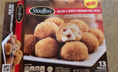 BACON & WHITE CHEDDAR MAC BITES CRISPY BREADING STUFFED WITH ,MACARONI, BACON AND CREAMY WHITE CHEDDAR CHEESE, BACON & WHITE CHEDDAR