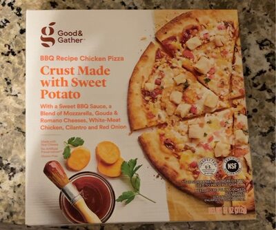 BBQ RECIPE CHICKEN WITH A SWEET BBQ SAUCE, A BLEND OF MOZZARELLA, GOUDA & ROMANO CHEESES, DICED CHICKEN MEAT, CILANTRO AND RED ONION CRUST PIZZA MADE WITH SWEET POTATO, BBQ RECIPE CHICKEN