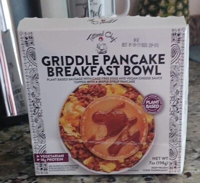 GRIDDLE PANCAKE BREAKFAST PLANT BASED SAUSAGE WITH CAGE FREE EGGS AND VEGAN CHEESE SAUCE TOPPED WITH A MAPLE SYRUP PANCAKE BOWL, GRIDDLE PANCAKE BREAKFAST