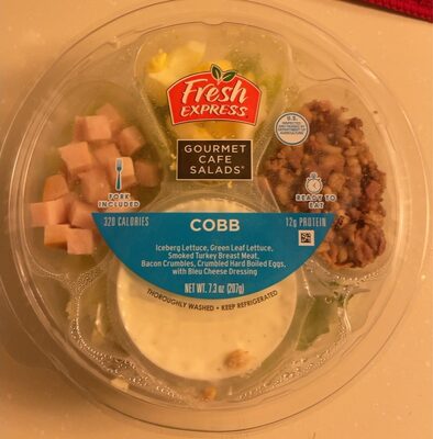 COBB ICEBERG LETTUCE, GREEN LEAF LETTUCE, SMOKED TURKEY BREAST MEAT, BACON CRUMBLES, CRUMBLED HARD BOILED EGGS, WITH BLEU CHEESE DRESSING SALADS