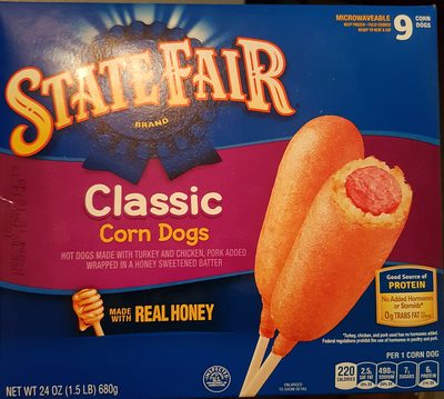 CLASSIC CORN DOGS HOT DOGS MADE WITH TURKEY AND CHICKEN, PORK ADDED WRAPPED IN A HONEY SWEETENED BATTER, CLASSIC