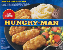 GOLDEN BEER BATTERED WHITE MEAT CHICKEN STRIP SHAPED PATTIES WITH MASHED POTATOES AND MIXED VEGETABLES - INCLUDES A CHOCOLATE BROWNIE, BEER BATTERED CHICKEN