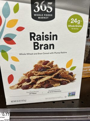 Whole Foods Market, Inc. RAISIN BRAN WHOLE WHEAT AND BRAN CEREAL WITH PLUMP RAISINS, RAISIN BRAN