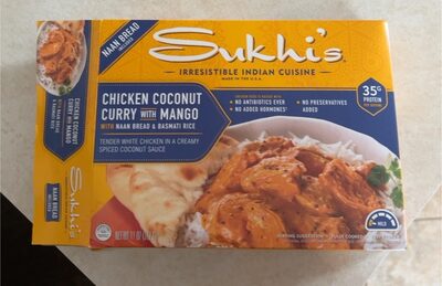 CHICKEN COCONUT CURRY WITH MANGO WITH NAAN BREAD & BASMATI RICE TENDER WHITE CHICKEN IN A CREAMY SPICED COCONUT SAUCE, CHICKEN COCONUT CURRY WITH MANGO