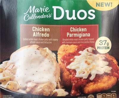 CHICKEN ALFREDO GRILLED WHITE MEAT CHICKEN PATTY WITH CREAMY ALFREDO SAUCE AND FETTUCCINE, CHICKEN PARMIGIANA BREADED WHITE MEAT CHICKEN PATTY TOPPED WITH MARINARA SAUCE AND MOZZARELLA CHEESE DUOS, CHICKEN ALFREDO, CHICKEN PARMIGIANA