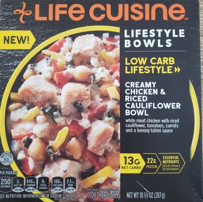 CREAMY CHICKEN & RICED CAULIFLOWER WHITE MEAT CHICKEN WITH RICED CAULIFLOWER, TOMATOES, CARROTS AND A LEMONY TAHINI SAUCE BOWL, CREAMY CHICKEN & RICED CAULIFLOWER