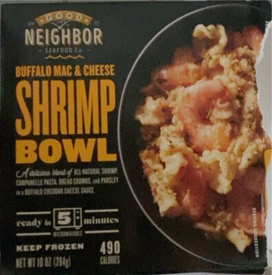 BUFFALO MAC & CHEESE SHRIMP A DELICIOUS BLEND OF SHRIMP, CAMPANELLE PASTA, BREAD CRUMBS, AND PARSLEY IN A BUFFALO CHEDDAR CHEESE SAUCE BOWL, BUFFALO MAC & CHEESE