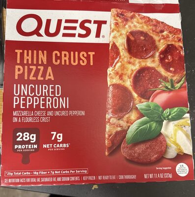 UNCURED PEPPERONI AND MOZZARELLA CHEESE ON A FLOURLESS THIN CRUST PIZZA, UNCURED PEPPERONI