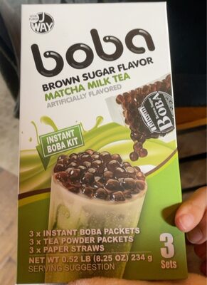 BROWN SUGAR MATCHA MILK TEA INSTANT BOBA KIT - INSTANT BOBA PACKETS, TEA POWDER PACKETS, PAPER STRAWS, BROWN SUGAR MATCHA MILK TEA