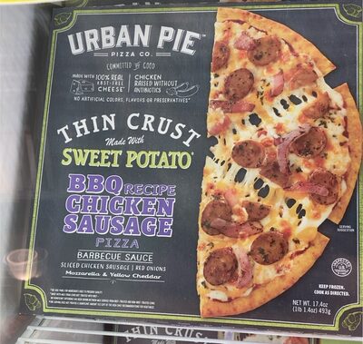 BBQ RECIPE CHICKEN SAUSAGE BARBECUE SAUCE, SLICED CHICKEN SAUSAGE, RED ONIONS, MOZZARELLA & YELLOW CHEDDAR THIN CRUST MADE WITH SWEET POTATO PIZZA, BBQ RECIPE CHICKEN SAUSAGE