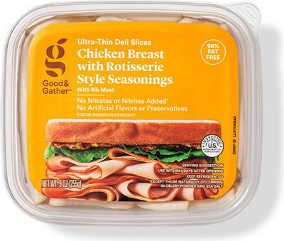 CHICKEN BREAST WITH ROTISSERIE STYLE SEASONINGS WITH RIB MEAT ULTRA-THIN DELI SLICES, ROTISSERIE STYLE SEASONINGS