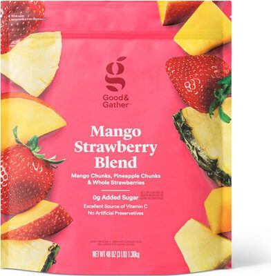 MANGO STRAWBERRY BLEND WHOLE STRAWBERRIES, MANGO CHUNKS & PINEAPPLE CHUNKS, MANGO STRAWBERRY BLEND