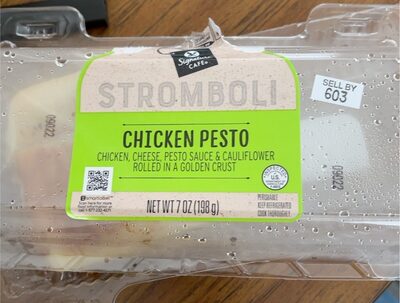 CHICKEN PESTO CHICKEN, CHEESE, PESTO SAUCE & CAULIFLOWER ROLLED IN A GOLDEN CRUST STROMBOLI, CHICKEN PESTO