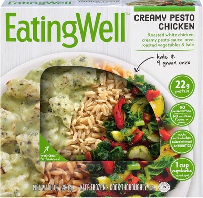 CREAMY PESTO CHICKEN ROASTED WHITE MEAT CHICKEN, CREAMY PESTO SAUCE, ORZO, ROASTED VEGETABLES & KALE, CREAMY PESTO CHICKEN