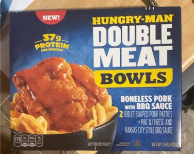 BONELESS PORK WITH BBQ SAUCE 2 RIBLET SHAPED PORK PATTIES + MAC & CHEESE AND KANSAS CITY STYLE BBQ SAUCE DOUBLE MEAT BOWLS, BONELESS PORK WITH BBQ SAUCE