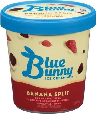 BANANA SPLIT BANANA FROZEN DAIRY DESSERT, FUDGE AND STRAWBERRY SWIRLS, PINEAPPLE, NUTS, BANANA SPLIT