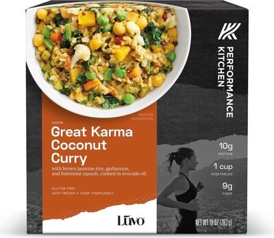 GREAT KARMA COCONUT CURRY BOWL WITH BROWN JASMINE RICE, GARBANZOS, AND BUTTERNUT SQUASH, COOKED IN AVOCADO OIL, GREAT KARMA COCONUT CURRY