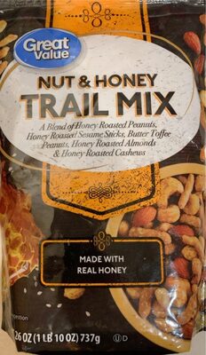 Wal-Mart Stores, Inc. NUT & HONEY TRAIL MIX A BLEND OF HONEY ROASTED PEANUTS, HONEY ROASTED SESAME STICKS, BUTTER TOFFEE PEANUTS, HONEY ROASTED ALMONDS & HONEY ROASTED CASHEWS, NUT & HONEY