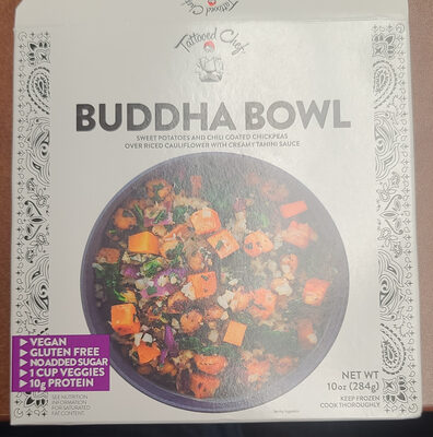 BUDDHA SWEET POTATOES AND CHILI COATED CHICKPEAS OVER RICED CAULIFLOWER WITH CREAMY TAHINI SAUCE BOWL, BUDDHA