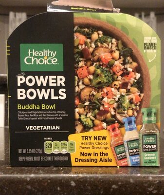 BUDDHA BOWL VEGETARIAN CHICKPEAS AND VEGETABLES SERVED ON TOP OF BARLEY, BROWN RICE, RED RICE AND RED QUINOA WITH A SESAME TAHINI SAUCE TOPPED WITH FETA CHEESE & SEEDS, BUDDHA BOWL