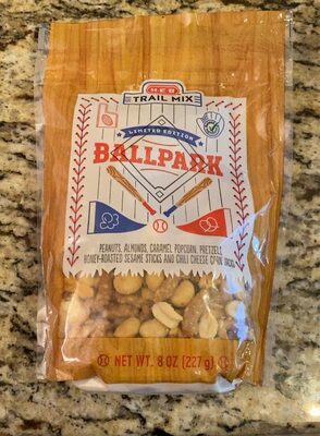 BALLPARK PEANUTS, ALMONDS, CARAMEL POPCORN, PRETZELS, HONEY-ROASTED SESAME STICKS AND CHILI CHEESE CORN JACKS TRAIL MIX, BALLPARK