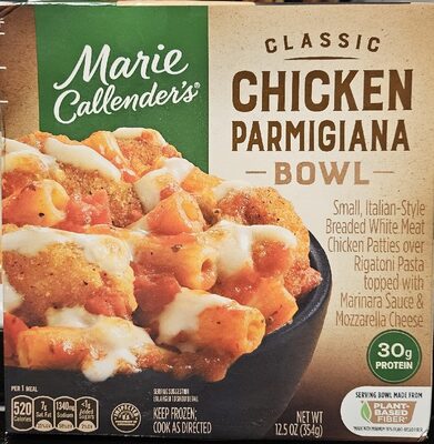 SMALL, ITALIAN-STYLE BREADED WHITE MEAT CLASSIC CHICKEN PARMIGIANA CHICKEN PATTIES OVER RIGATONI PASTA TOPPED WITH MARINARA SAUCE & MOZZARELLA CHEESE, CLASSIC CHICKEN PARMIGIANA