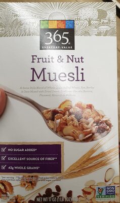 FRUIT & NUT MUESLI A SWISS-STYLE BLEND OF WHOLE GRAIN ROLLED WHEAT, RYE, BARLEY & OATS MIXED WITH DRIED DATES, SUNFLOWER KERNELS, RAISINS, FLAXSEED, ALMONDS & WALNUTS, FRUIT & NUT MUESLI