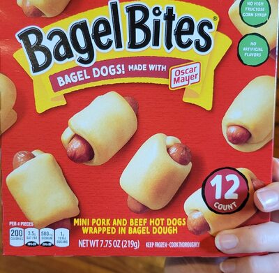 BAGEL DOGS MINI PORK AND BEEF HOT DOGS WRAPPED IN BAGEL DOUGH, BAGEL DOGS