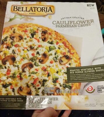 CAULIFLOWER PARMESAN CRUST ROASTED VEGETABLE WITH RED PEPPER ALFREDO SAUCE RICH RED PEPPER ALFREDO SAUCE WITH BROCCOLI, MUSHROOMS. SPINACH, AND ROASTED BELL PEPPERS, TOPPED WITH PARMESAN AND ASIAGO CHEESE ON A CRISPY CAULIFLOWER AND PARMESAN CRUST., CAULIFLOWER PARMESAN CRUST