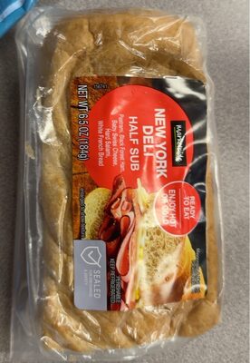 PASTRAMI, BLACK FOREST HAM, BABY SWISS CHEESE, HARD SALAMI, WHITE FRENCH BREAD NEW YORK DELI HALF SUB, BLACK FOREST, BABY SWISS, WHITE FRENCH