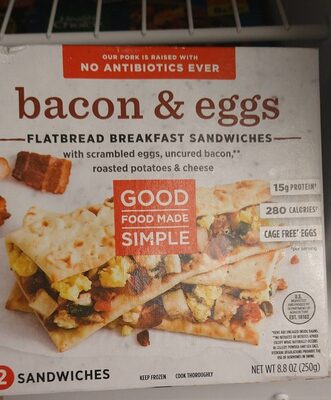 BACON & EGGS WITH SCRAMBLED CAGE-FREE EGGS, UNCURED BACON, ROASTED POTATOES & CHEESE FLATBREAD BREAKFAST SANDWICHES