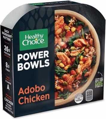 ADOBO CHICKEN PULLED ALL NATURAL CHICKEN BREAST WITH VEGETABLES SERVED ON TOP OF BROWN & RED RICE, RED QUINOA AND BLACK BARLEY WITH A GUAJILLO CHILI SAUCE TOPPED WITH ROASTED PEPITAS, ADOBO CHICKEN