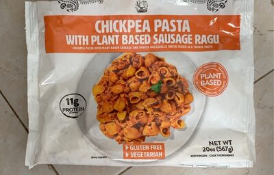 CHICKPEA PASTA WITH PLANT BASED SAUSAGE RAGU CHICKPEA PASTA WITH PLANT BASED SAUSAGE AND SMOKED MOZZARELLA CHEESE TOSSED IN A TOMATO SAUCE., CHICKPEA PASTA WITH PLANT BASED SAUSAGE RAGU