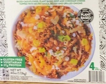 CHEESEBURGER RICED CAULIFLOWER, PLANT BASED BEEF AND CHEDDAR CHEESE TOPPED WITH SECRET SAUCE, RELISH AND GRILLED ONIONS BOWL, CHEESEBURGER
