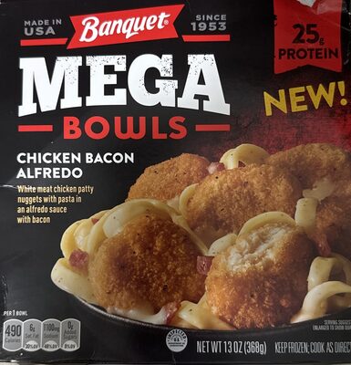 Banquet Mega Bowls, Chicken Bacon Alfredo Bowl, Frozen Meal, 13 oz.