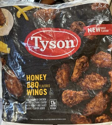 FULLY COOKED CHICKEN WING SECTIONS COATED WITH HONEY BBQ FLAVORED SAUCE, SMOKE FLAVOR AND CARAMEL COLOR ADDED, HONEY BBQ