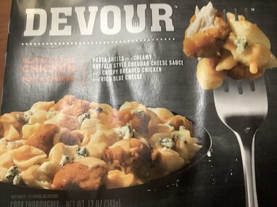 BUFFALO STYLE CHICKEN MAC & CHEESE PASTA SHELLS IN A CREAMY BUFFALO STYLE CHEDDAR CHEESE SAUCE WITH CRISPY BREADED WHITE MEAT CHICKEN AND RICH BLUE CHEESE, BUFFALO STYLE CHICKEN MAC & CHEESE