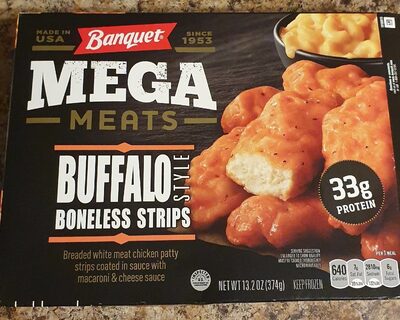 BUFFALO-STYLE BONELESS STRIPS BREADED WHITE MEAT CHICKEN PATTY STRIPS COATED IN SAUCE WITH MACARONI AND CHEESE SAUCE MEGA MEATS, BUFFALO-STYLE