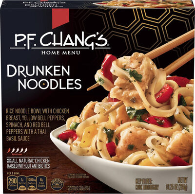 DRUNKEN RICE NOODLES BOWL WITH CHICKEN BREAST, YELLOW BELL PEPPERS, SPINACH, AND RED BELL PEPPERS WITH A THAI BASIL SAUCE, DRUNKEN NOODLES