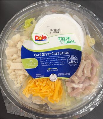 CAFE STYLE CHEF ICEBERG LETTUCE, GREEN LEAF LETTUCE, UNCURED HAM, SEASONED TURKEY BREAST MEAT STRIPS, CHEDDAR CHEESE, DOLE'S BUTTERMILK RANCH DRESSING SALAD, CAFE STYLE CHEF