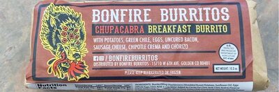 CHUPACABRA BREAKFAST BURRITO WITH POTATOES, GREEN CHILE, EGGS, UNCURED BACON, SAUSAGE, CHEESE, CHIPOTLE CREMA AND CHORIZO, CHUPACABRA