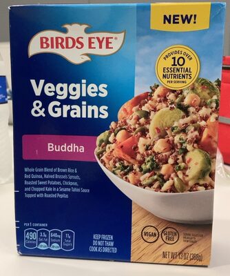 BUDDHA WHOLE GRAIN BLEND OF BROWN RICE & RED QUINOA, HALVED BRUSSELS SPROUTS, ROASTED SWEET POTATOES, CHICKPEAS, AND CHOPPED KALE IN A SESAME TAHINI SAUCE TOPPED WITH ROASTED PEPITAS VEGGIES & GRAINS, BUDDHA