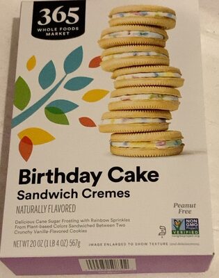 BIRTHDAY CAKE FLAVORED DELICIOUS CANE SUGAR FROSTING WITH RAINBOW SPRINKLES FROM PLANT-BASED COLORS SANDWICHED BETWEEN TWO CRUNCHY VANILLA-FLAVORED COOKIES SANDWICH CREMES, BIRTHDAY CAKE